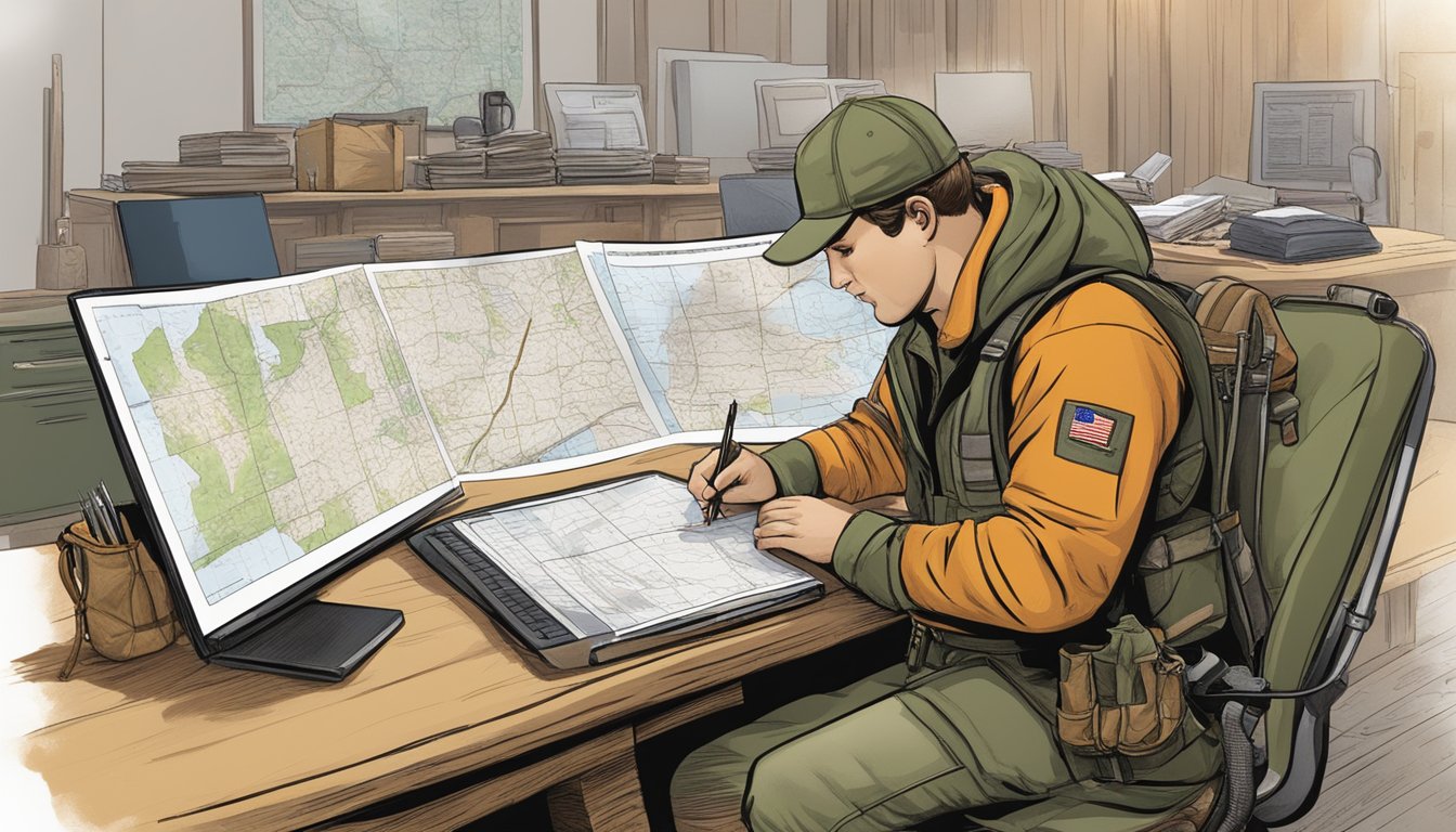 A hunter filling out an application form at a desk with a computer and paperwork, surrounded by hunting gear and a map of Illinois