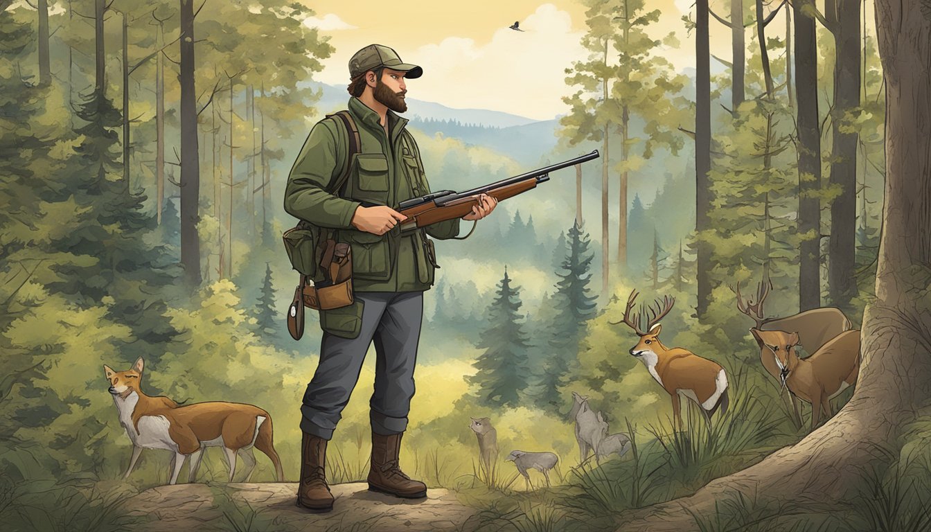 A hunter standing in a wooded area, holding a hunting license, with a variety of wildlife and trees in the background