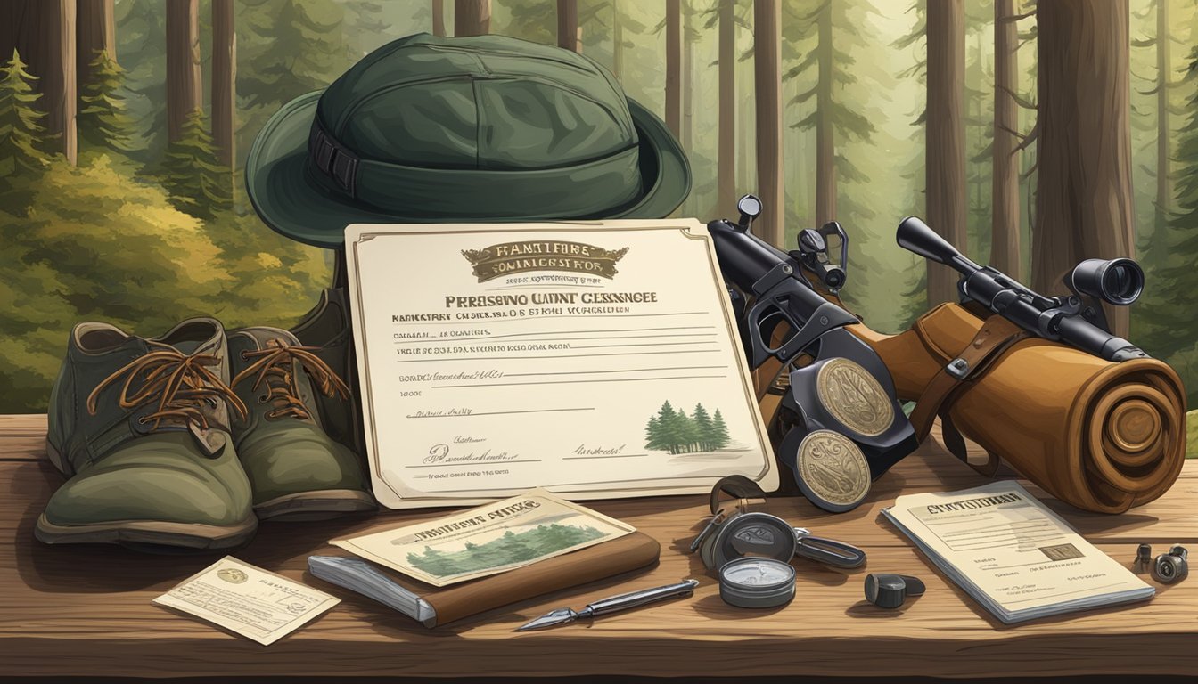 A forested landscape with a hunting license displayed on a wooden table, surrounded by hunting gear and wildlife