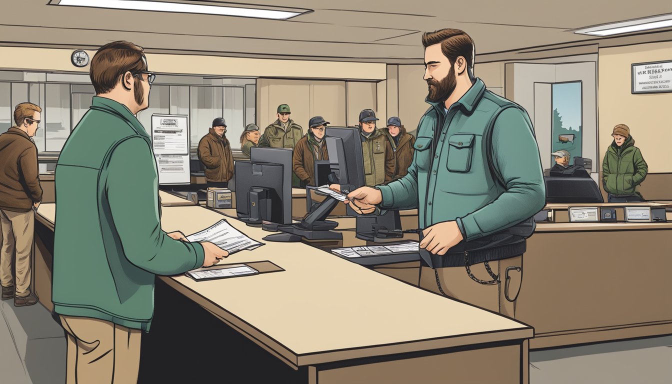 A hunter purchasing an Indiana non-resident hunting license at a government office counter