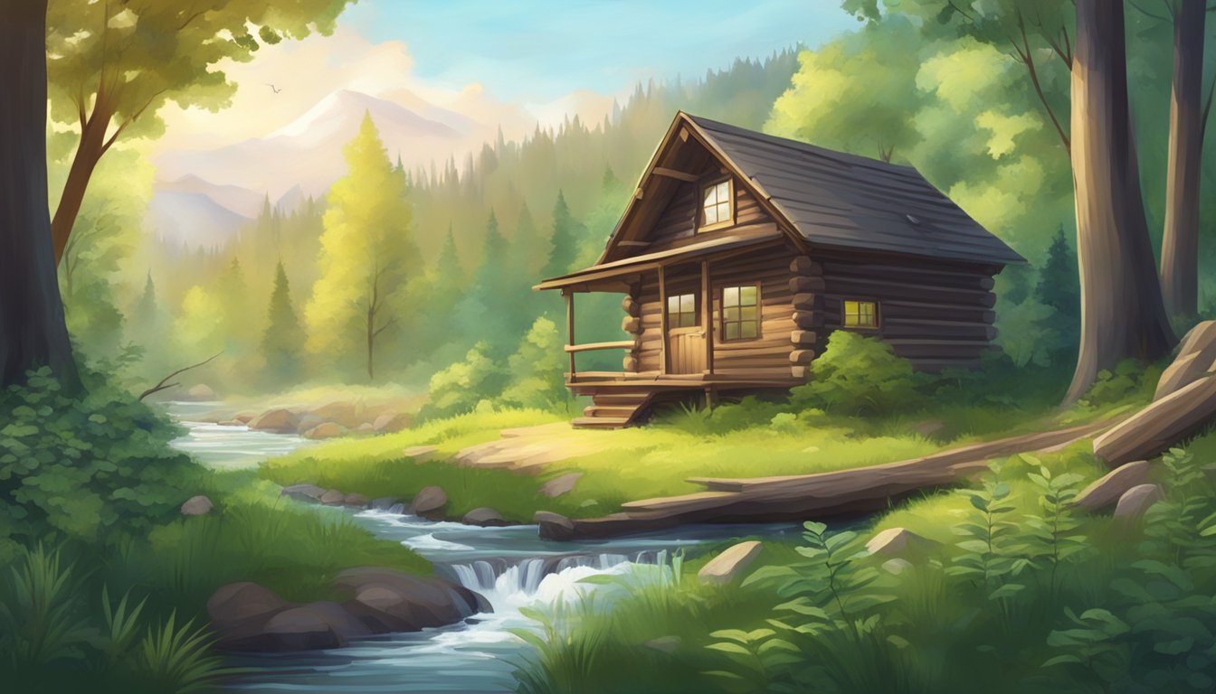 A serene forest clearing with a small wooden hunting cabin, surrounded by lush greenery and wildlife. A peaceful stream runs through the scene