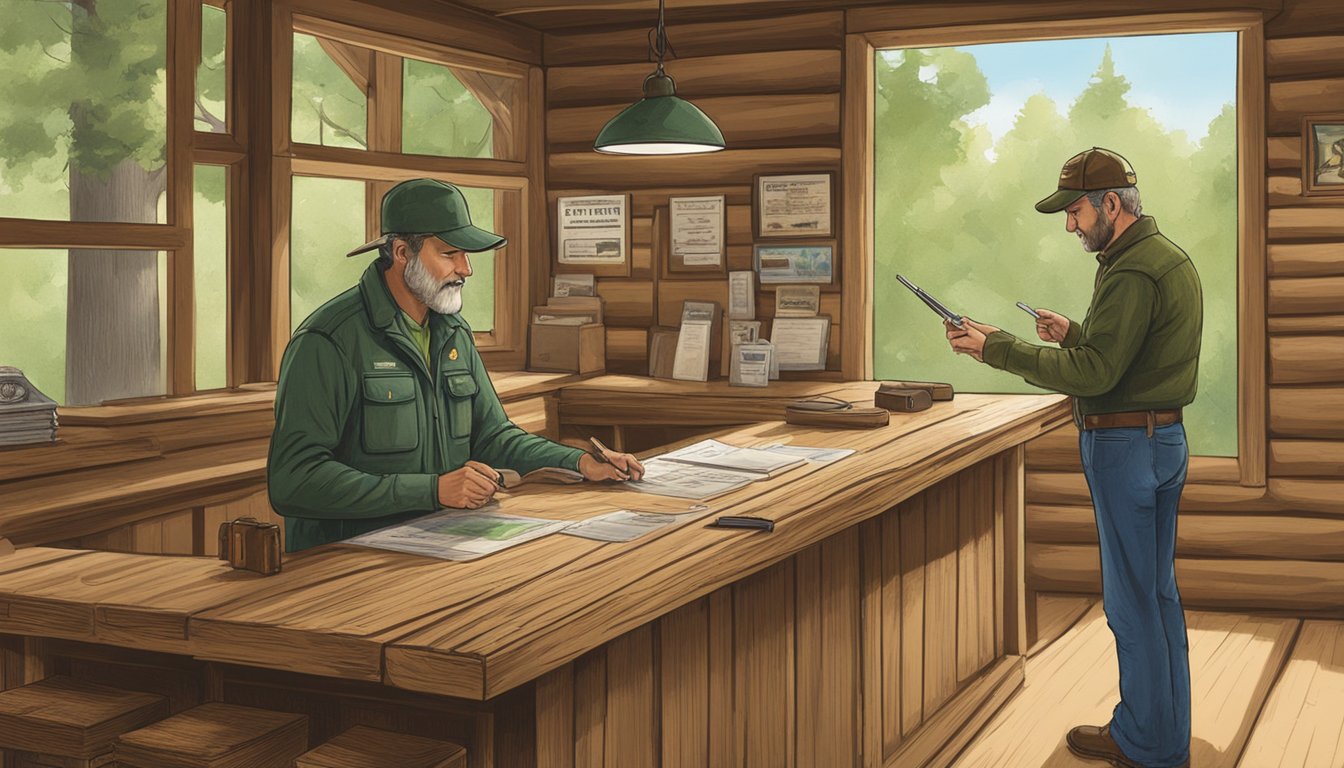 A hunter purchasing an Indiana non-resident hunting license at a rustic wooden counter in a forest ranger station