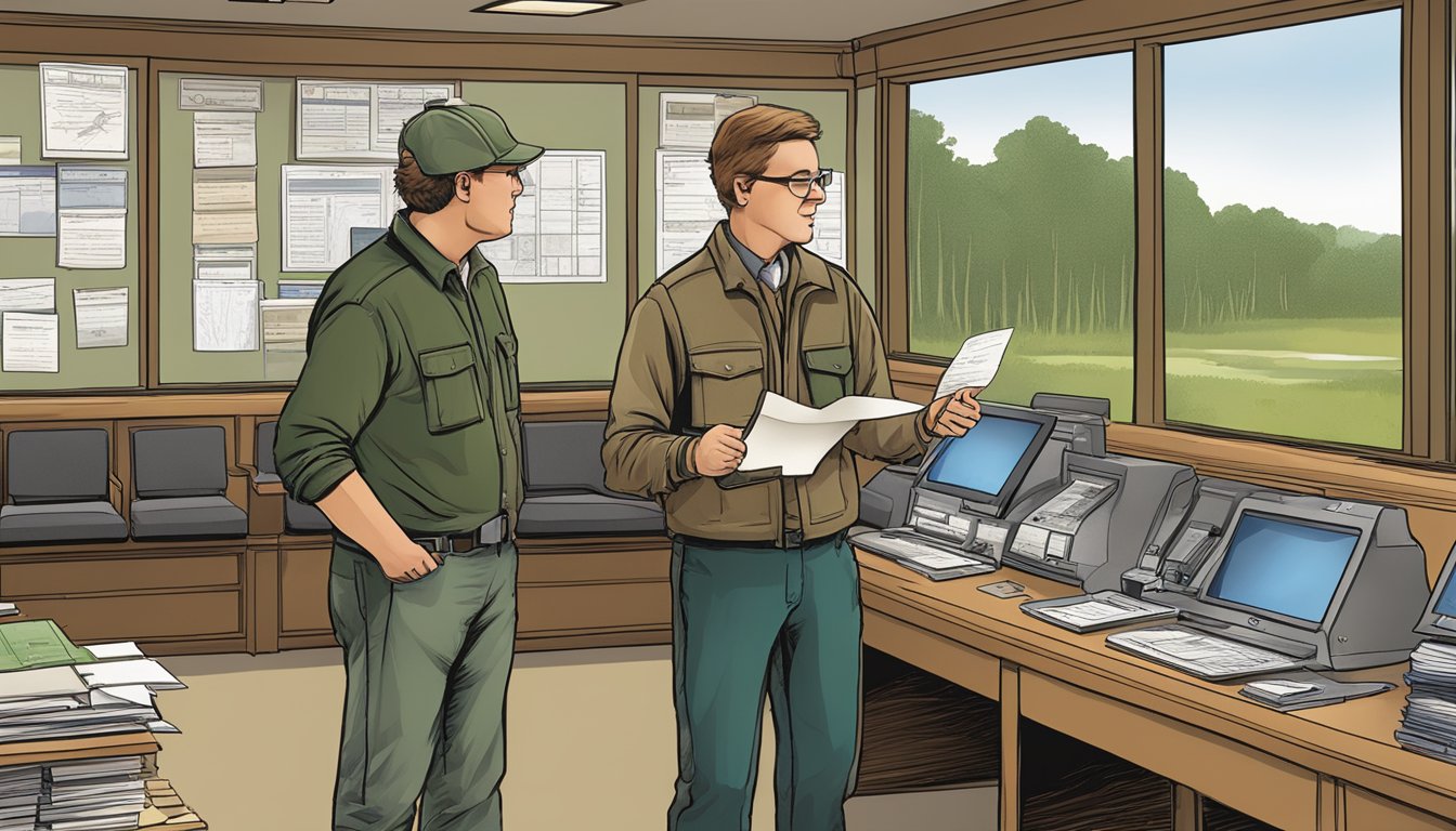 A hunter purchasing a non-resident hunting license at an Indiana Department of Natural Resources office