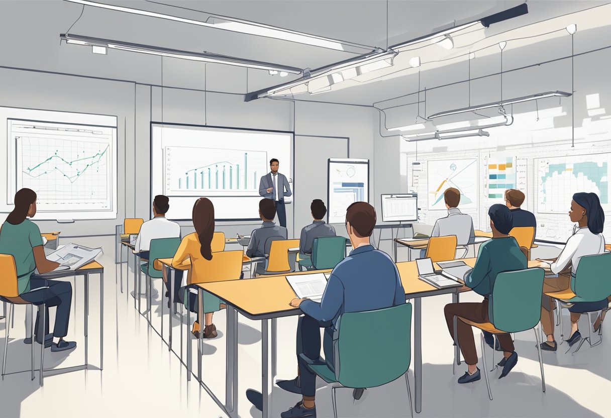 Een groep mensen zit aan bureaus, bezig met een communicatietraining. Grafieken en diagrammen sieren de muren, en een projector toont informatie aan de voorkant van de kamer.