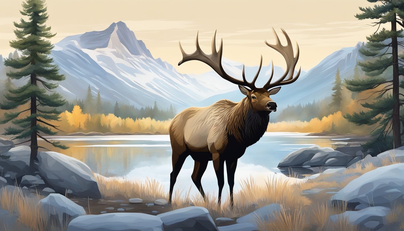 A tranquil forest clearing with a majestic elk and a serene mountain backdrop