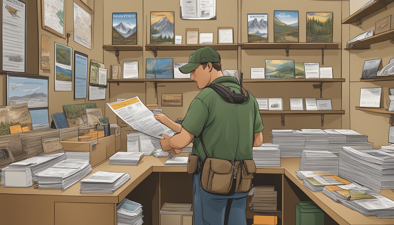 A hunter purchasing an Idaho non-resident hunting license at a state wildlife office, surrounded by posters and brochures