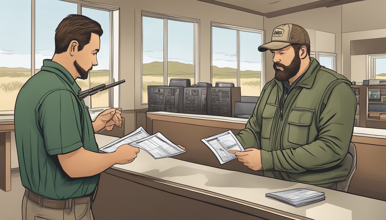 A hunter purchasing a Kansas non-resident hunting license at a wildlife office counter