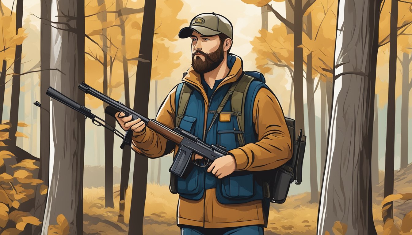 A hunter holding a non-resident Kentucky hunting permit while standing in a wooded area with a rifle and hunting gear