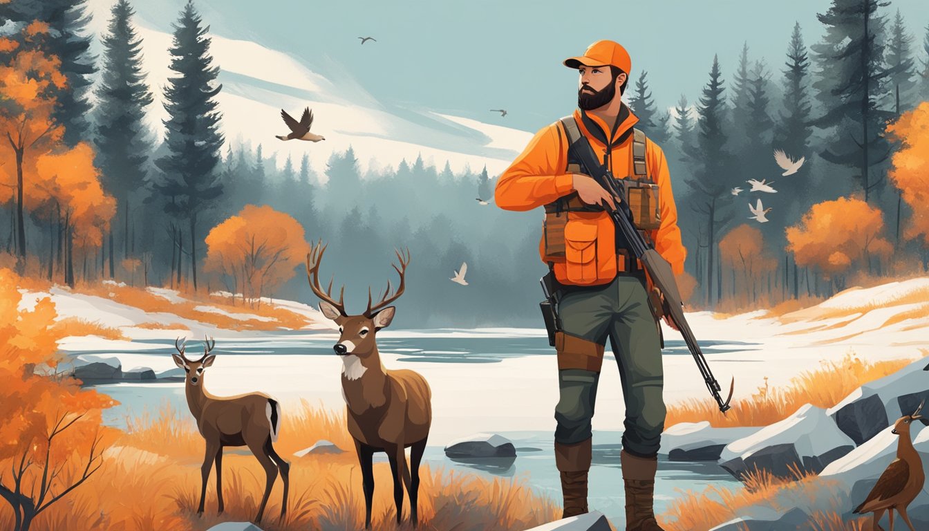 A forested landscape with a hunter holding a rifle and wearing a bright orange vest, surrounded by wildlife such as deer and birds