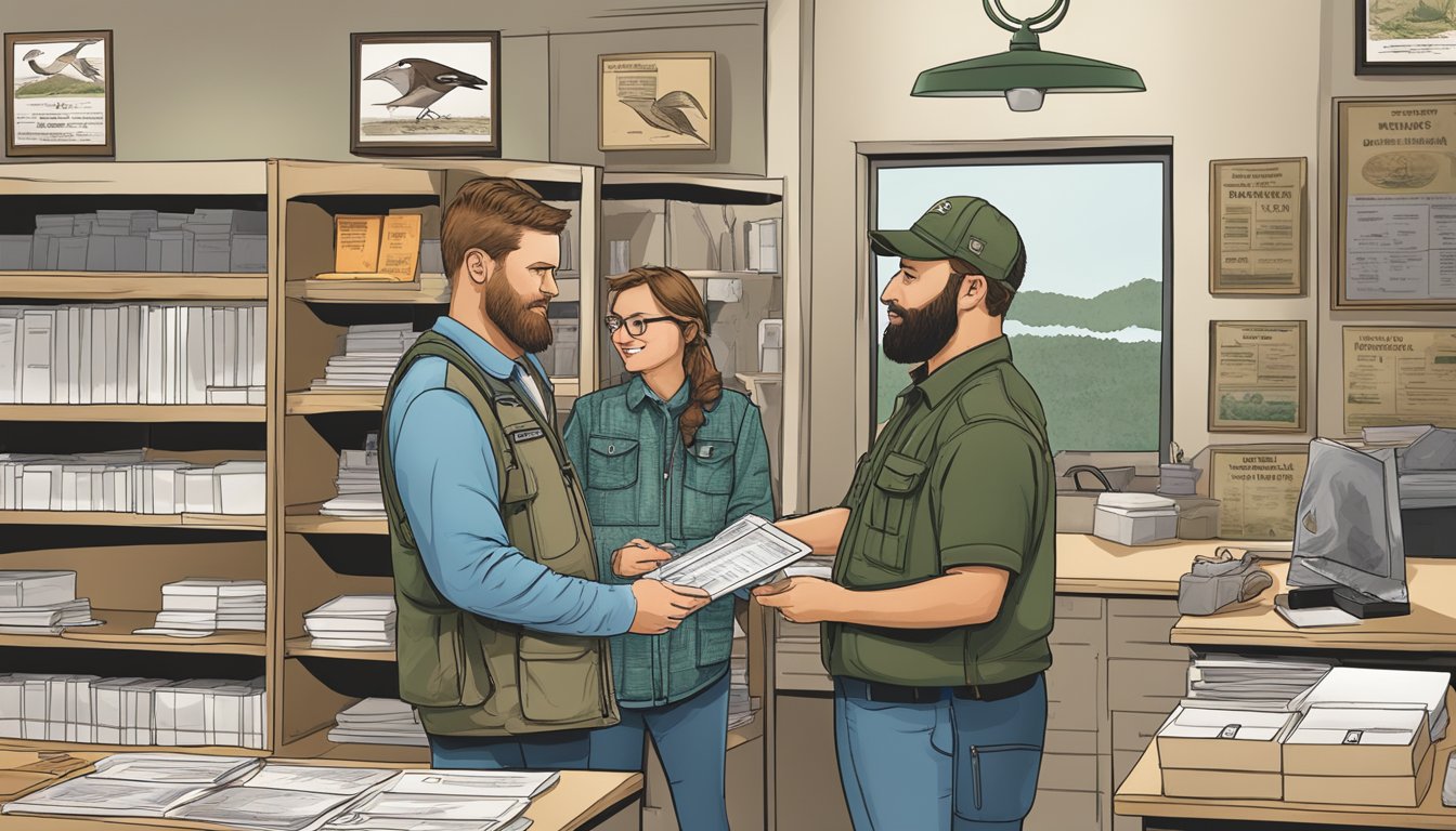 A hunter purchasing a Kentucky non-resident hunting license at a wildlife agency office