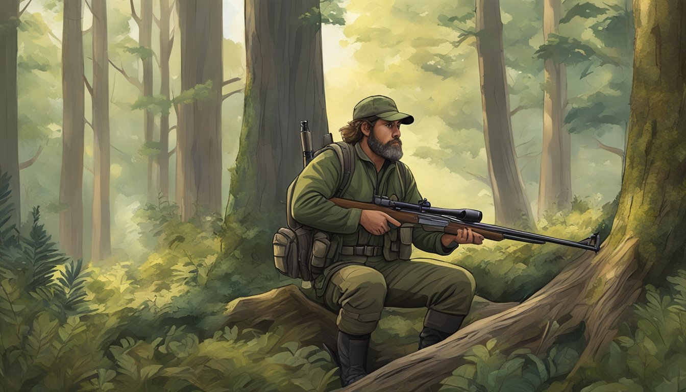 A serene woodland clearing with a hunter's rifle and gear, surrounded by trees and wildlife