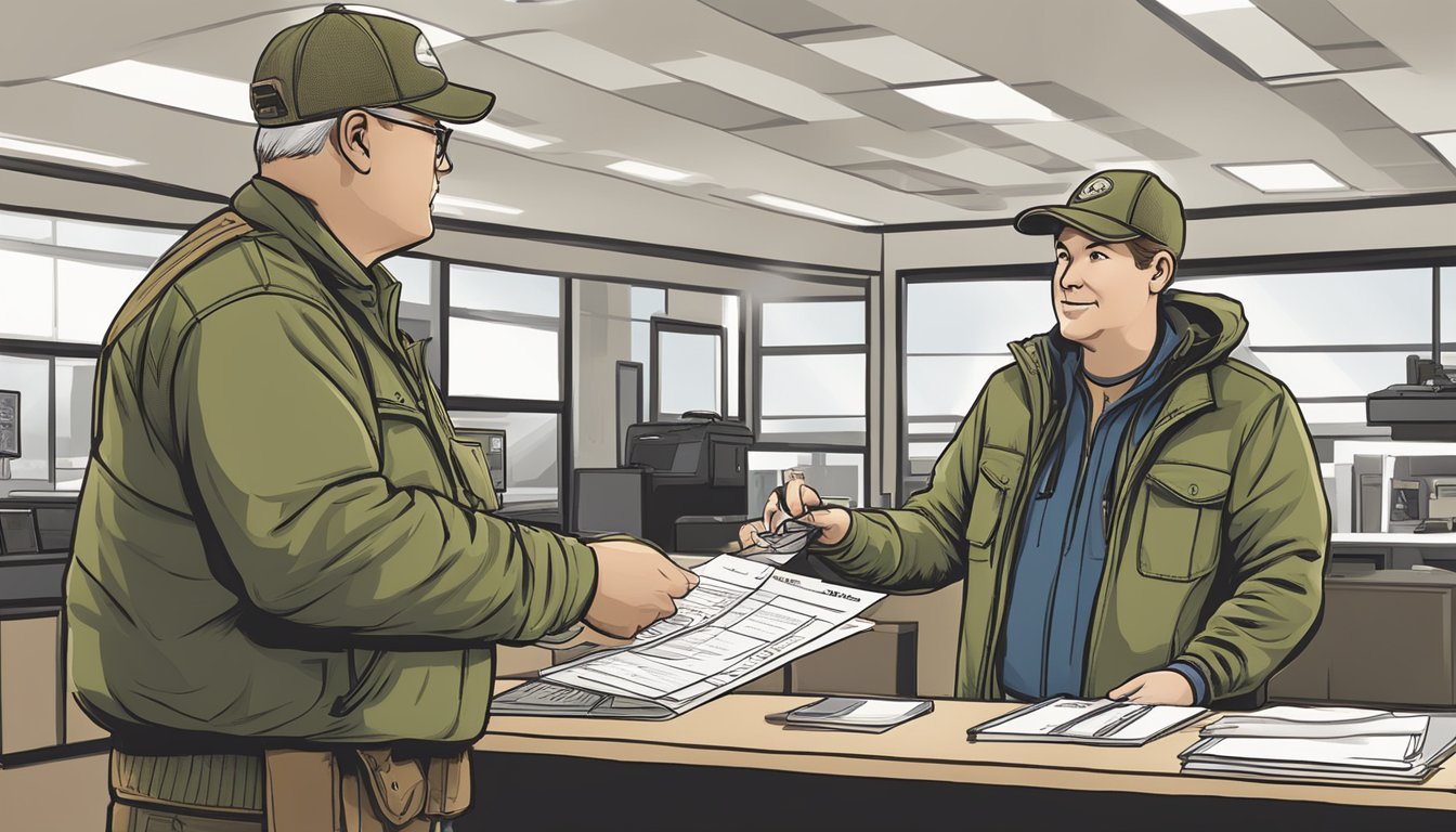 A hunter purchasing a non-resident hunting license at an Iowa Department of Natural Resources office