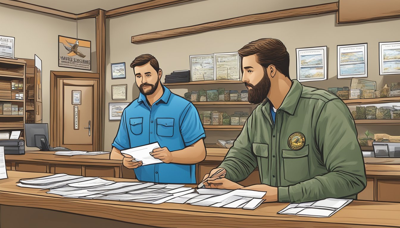 A hunter purchasing a Kentucky non-resident hunting license at a wildlife office counter