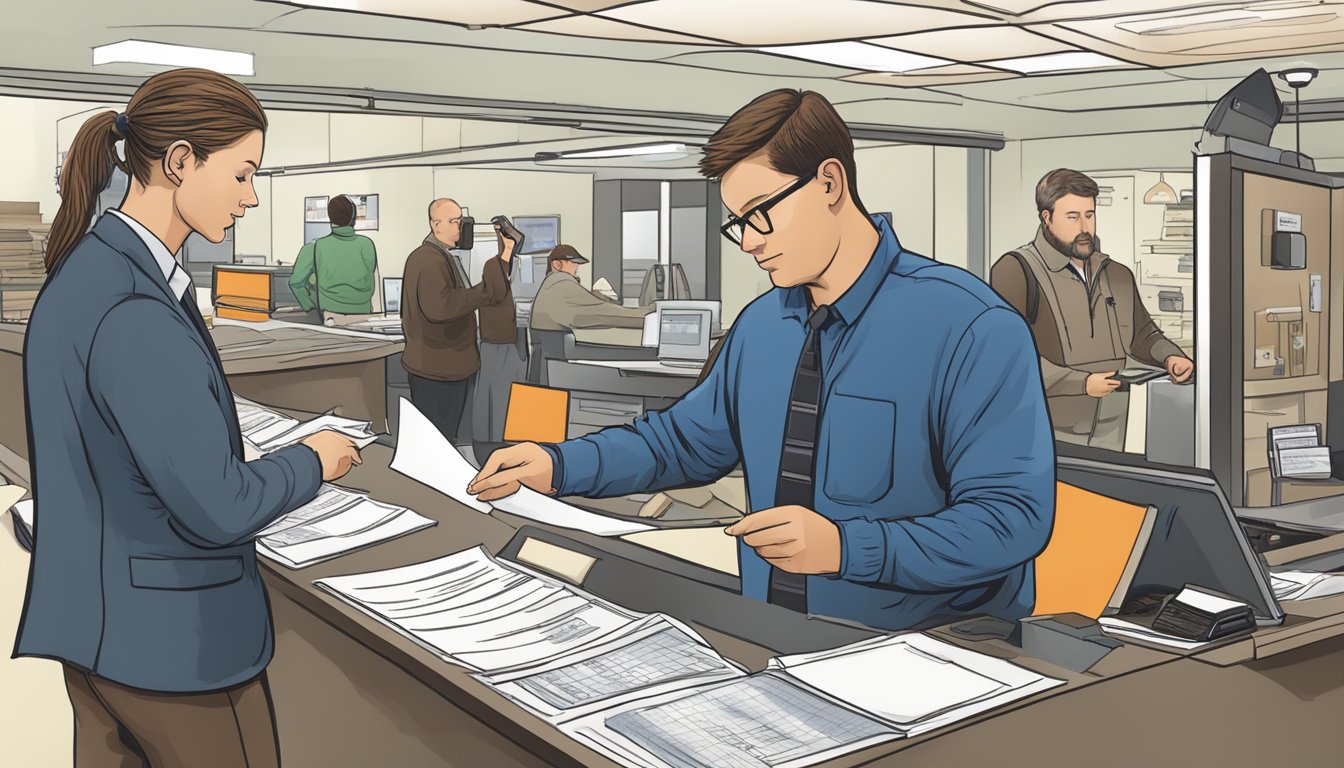 A non-resident applying for a Kentucky hunting license at a government office counter, with forms and a clerk assisting