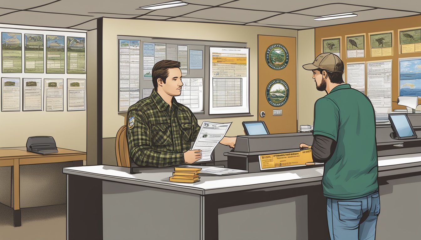 A hunter purchasing an Iowa non-resident hunting license at a government office counter