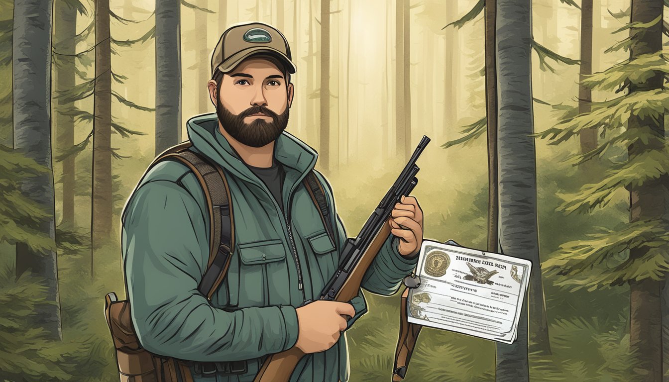 A hunter holding a Maine non-resident hunting license while standing in a forest clearing with a rifle and hunting gear