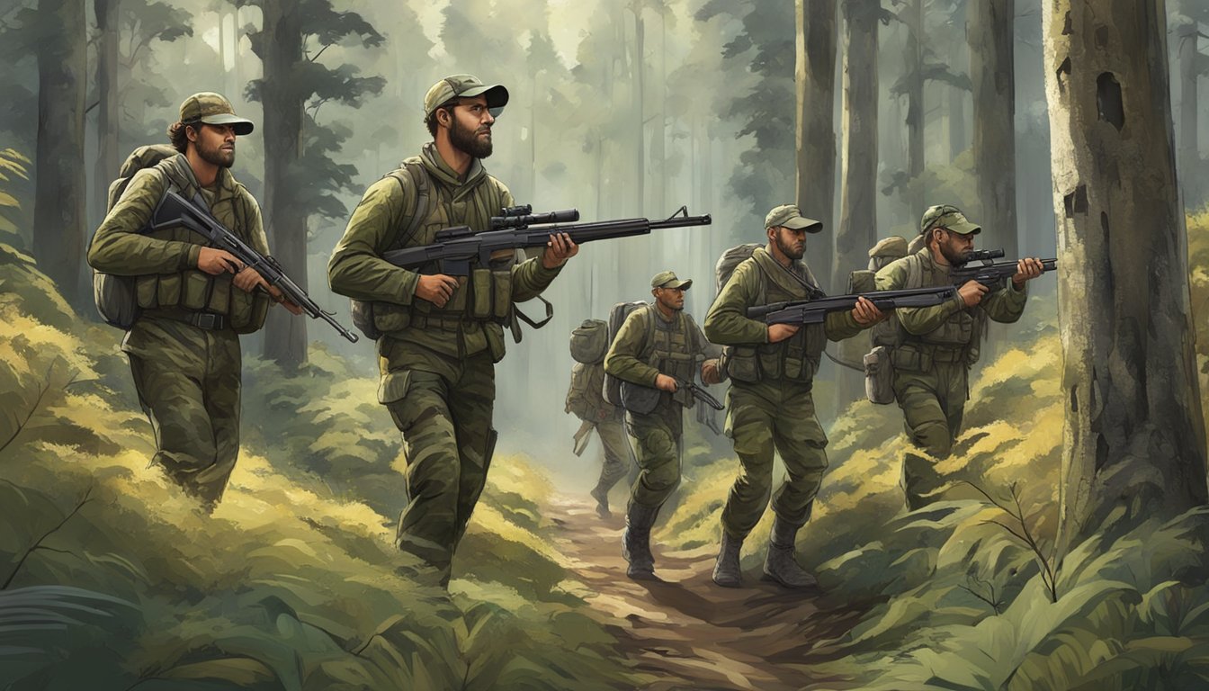 A group of hunters in camouflage gear trek through a dense forest, carrying rifles and scanning the area for game. A variety of wildlife, such as deer and birds, can be seen in the background