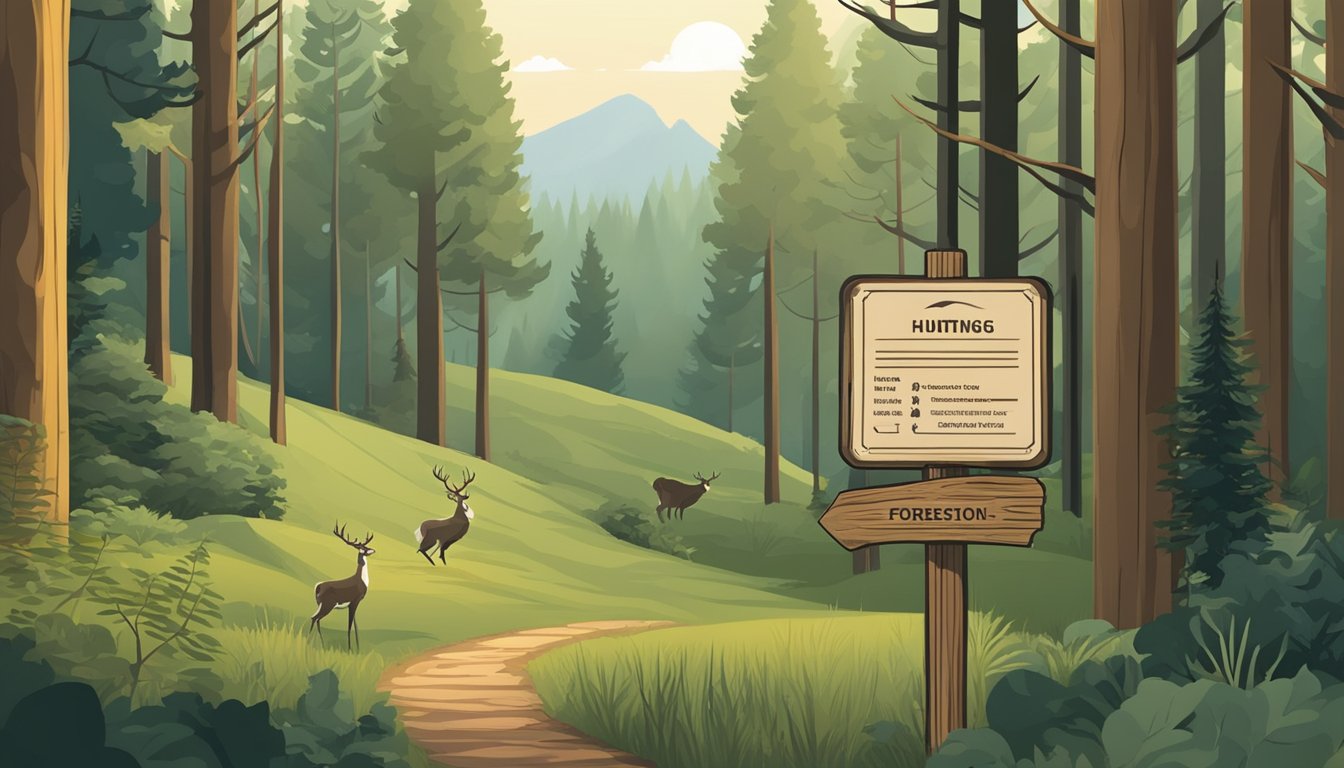 A forest backdrop with a hunting license displayed on a wooden signpost. Surrounding trees and wildlife add to the serene setting