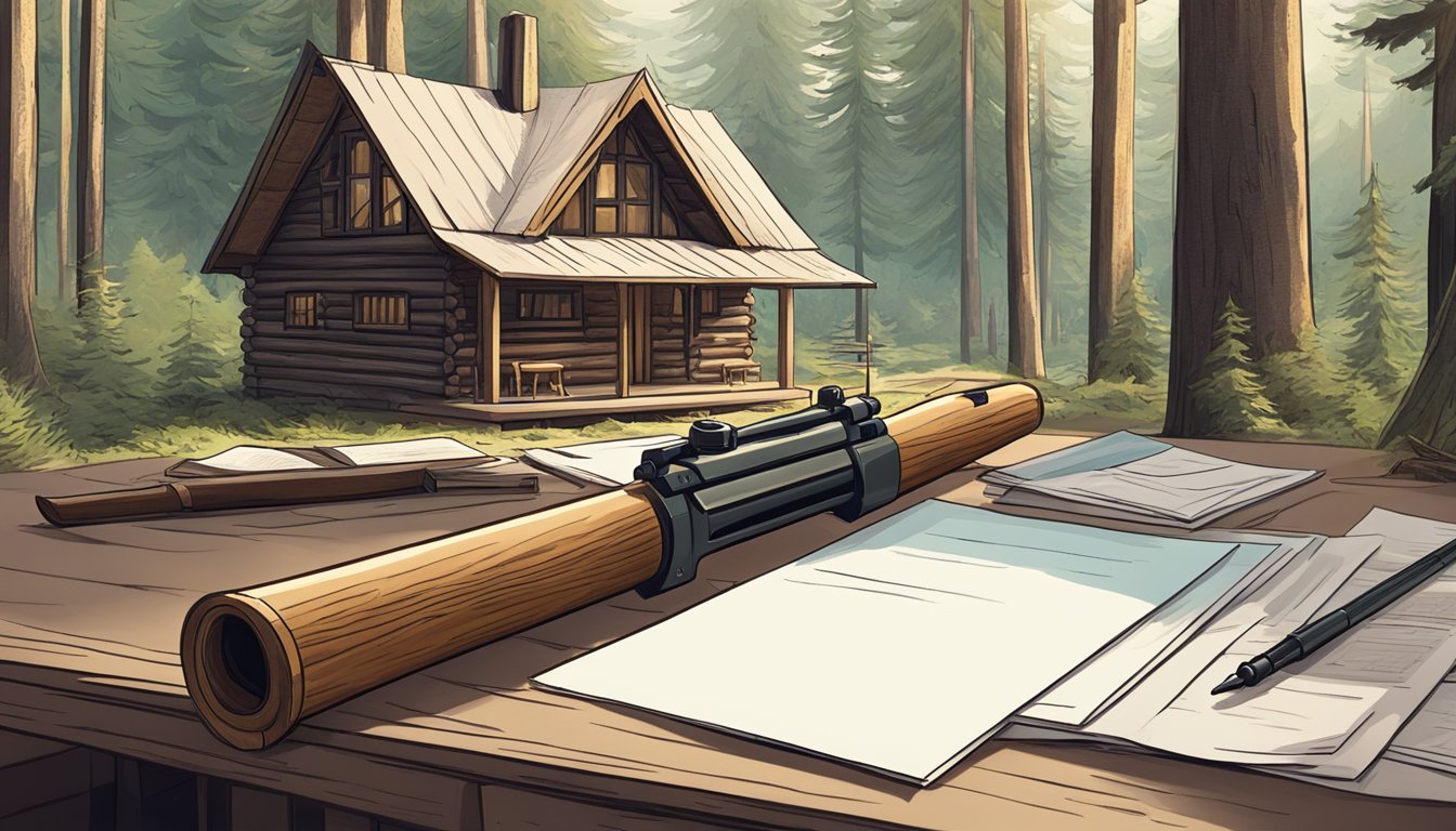 A serene forest with a small wooden cabin, a hunting rifle, and a stack of paperwork on a table