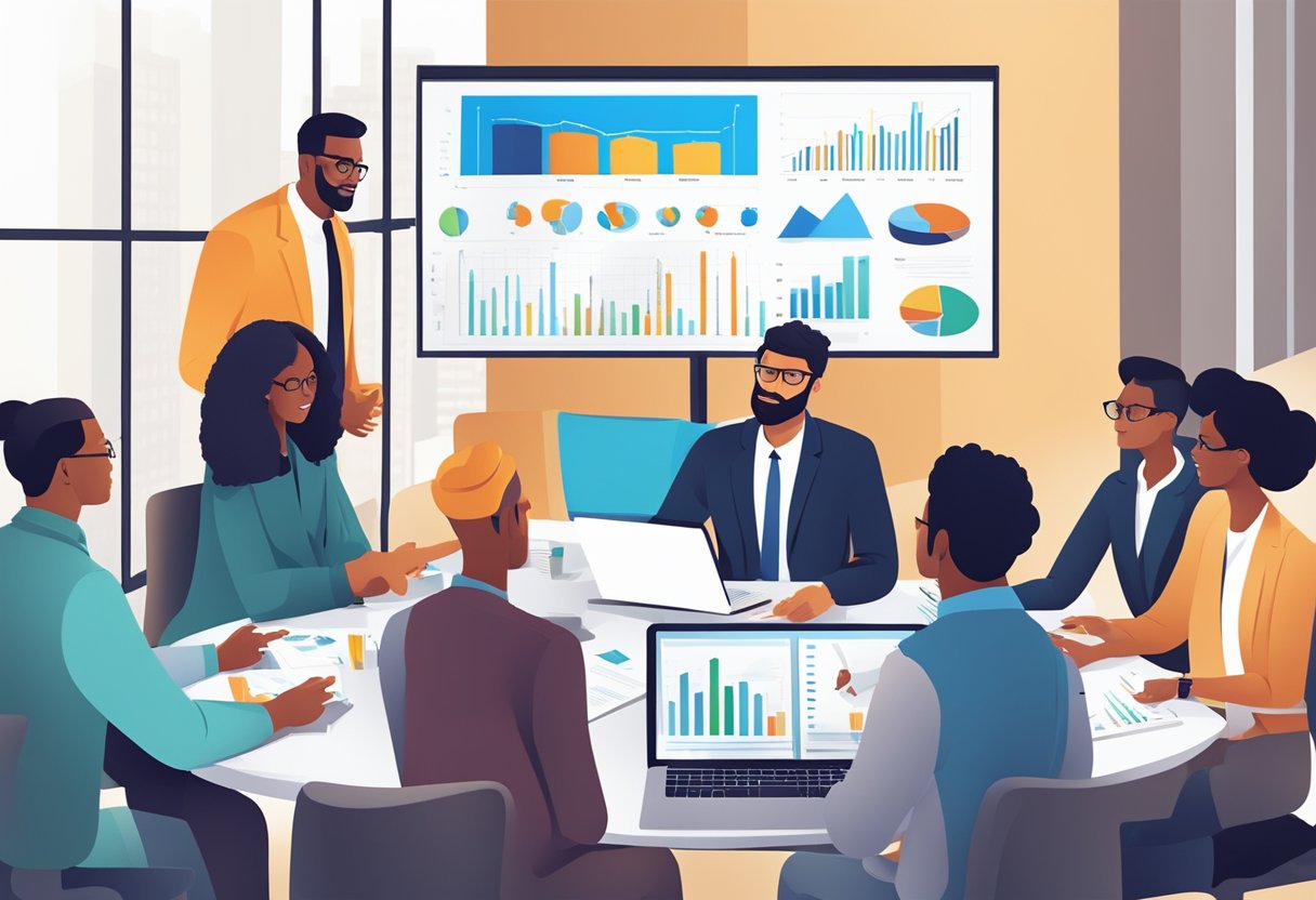 Een groep diverse professionals verzamelt zich rond een tafel, betrokken in een levendige discussie, met grafieken en diagrammen weergegeven op een groot scherm achter hen.