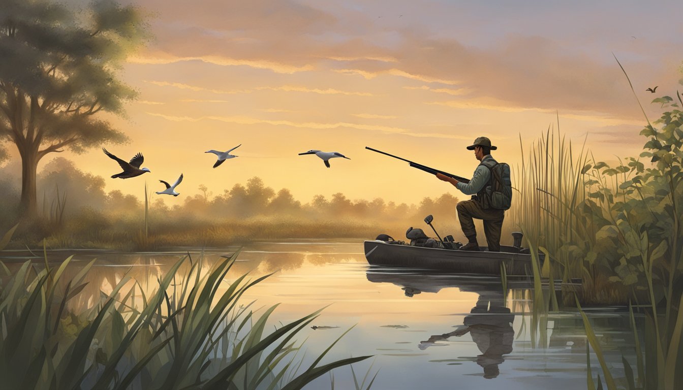 A serene Louisiana wetland with a hunter holding a non-resident hunting license, surrounded by diverse wildlife and lush vegetation