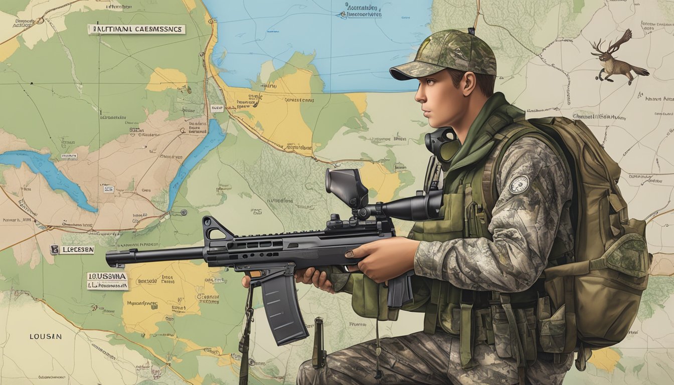 A hunter in camouflage gear holds a rifle, while a map of Louisiana and a hunting license are displayed nearby