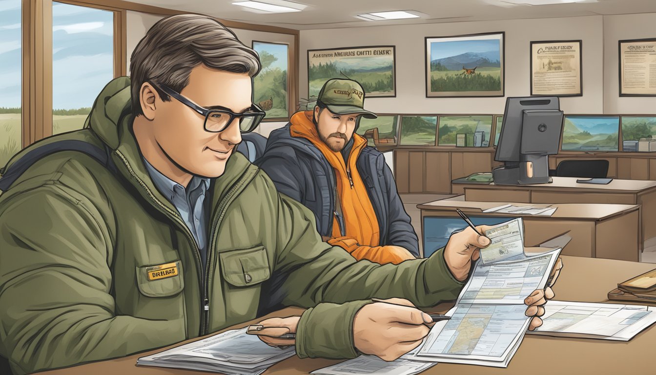 A hunter purchasing a Michigan non-resident hunting license at a wildlife agency office