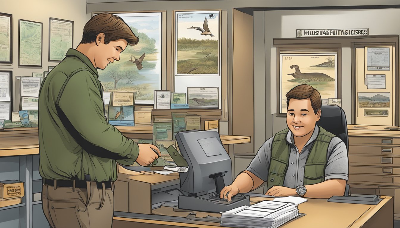 A hunter purchasing a Louisiana non-resident hunting license at a wildlife office counter