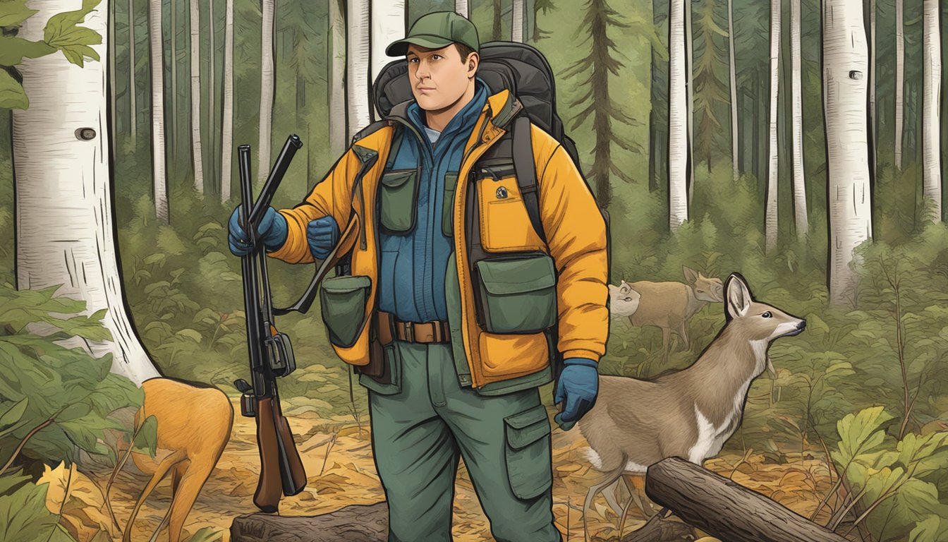 A hunter holding a Michigan nonresident hunting license while standing in a forest clearing with a rifle and hunting gear