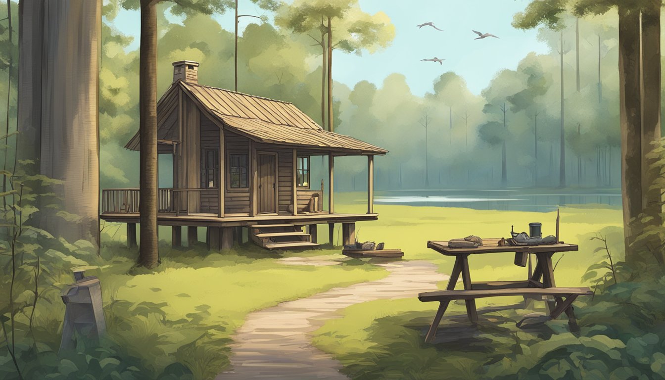 A serene forest clearing with a small wooden cabin, hunting gear, and a map of Louisiana on a table. Bird feeders and wildlife in the background