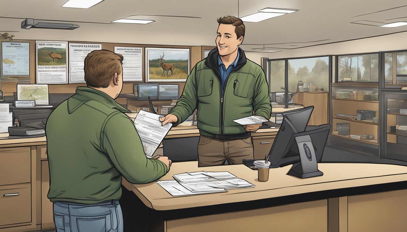 A hunter purchasing a Minnesota non-resident hunting license at a wildlife agency office counter