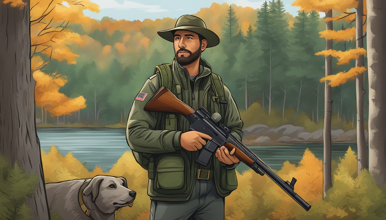 A hunter holding a Massachusetts non-resident hunting license with a forest background and a rifle slung over their shoulder