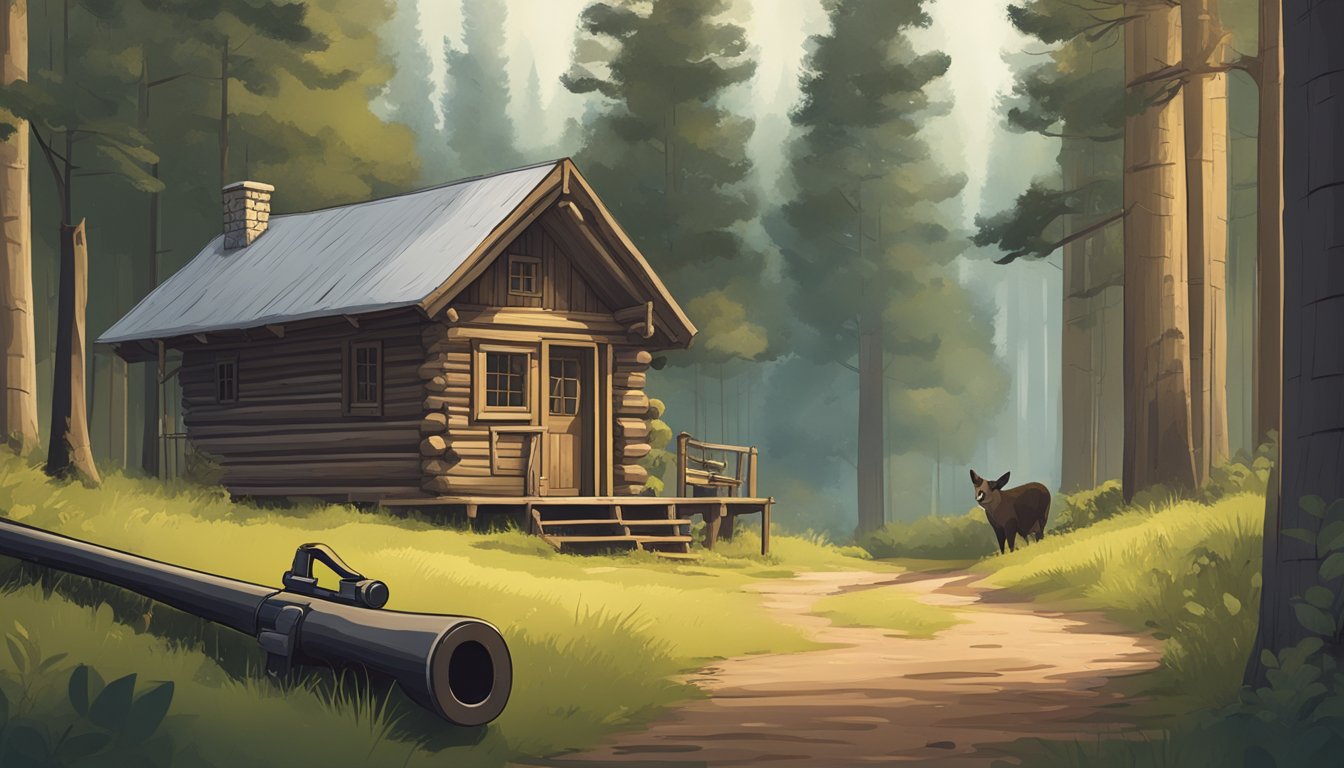 A serene forest clearing with a small wooden cabin, a hunting rifle leaning against the wall, and a signpost indicating the availability of non-resident hunting licenses