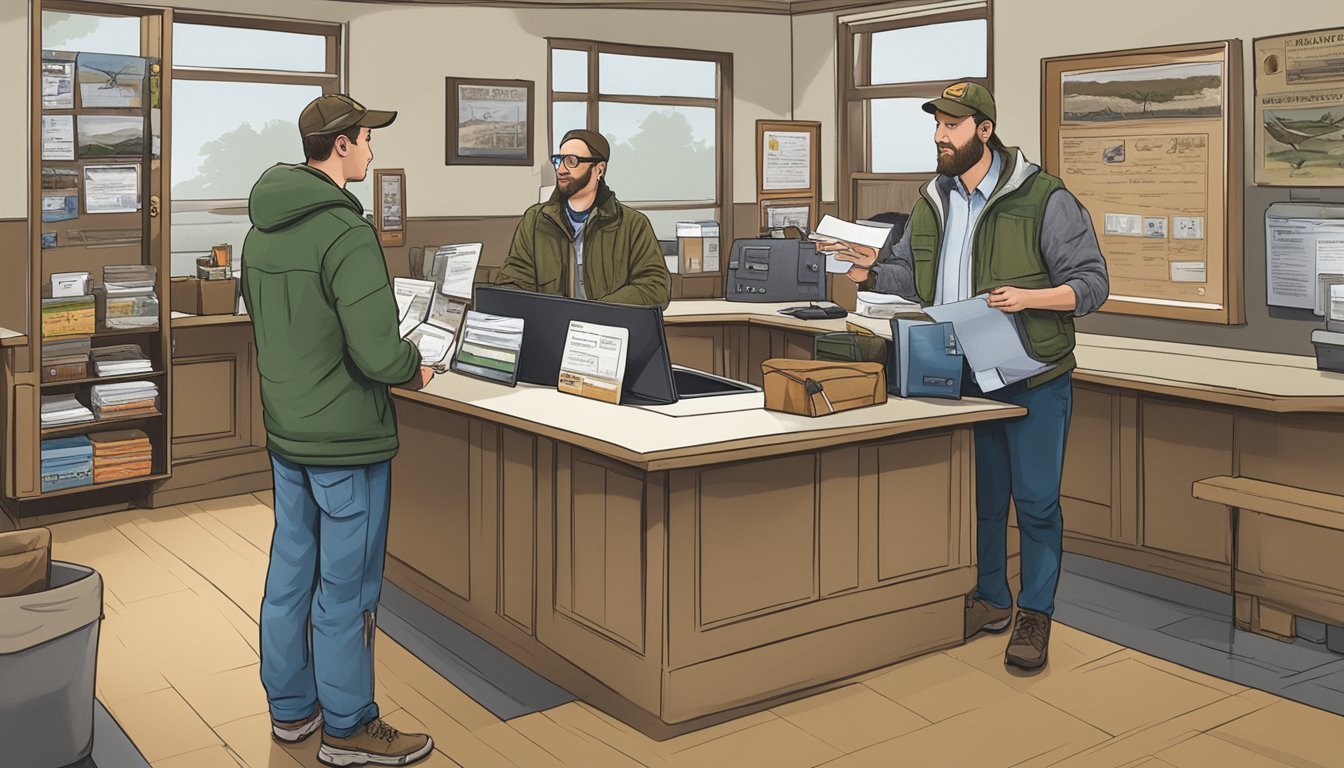 A hunter purchasing a Massachusetts non-resident hunting license at a wildlife office counter