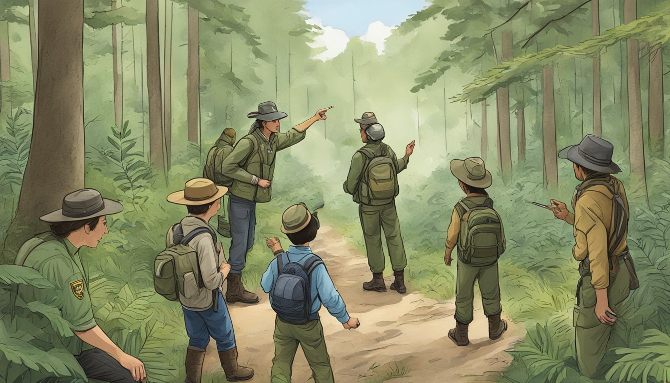 A ranger leading a group of visitors through a forest, pointing to various wildlife and explaining conservation efforts