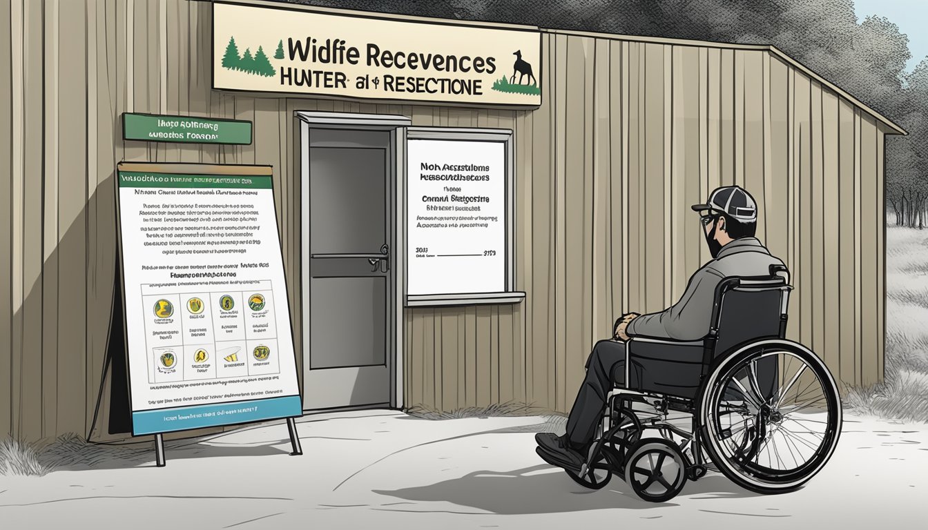 A hunter in a wheelchair purchases a non-resident hunting license at a Massachusetts wildlife office, with a sign indicating accessibility provisions