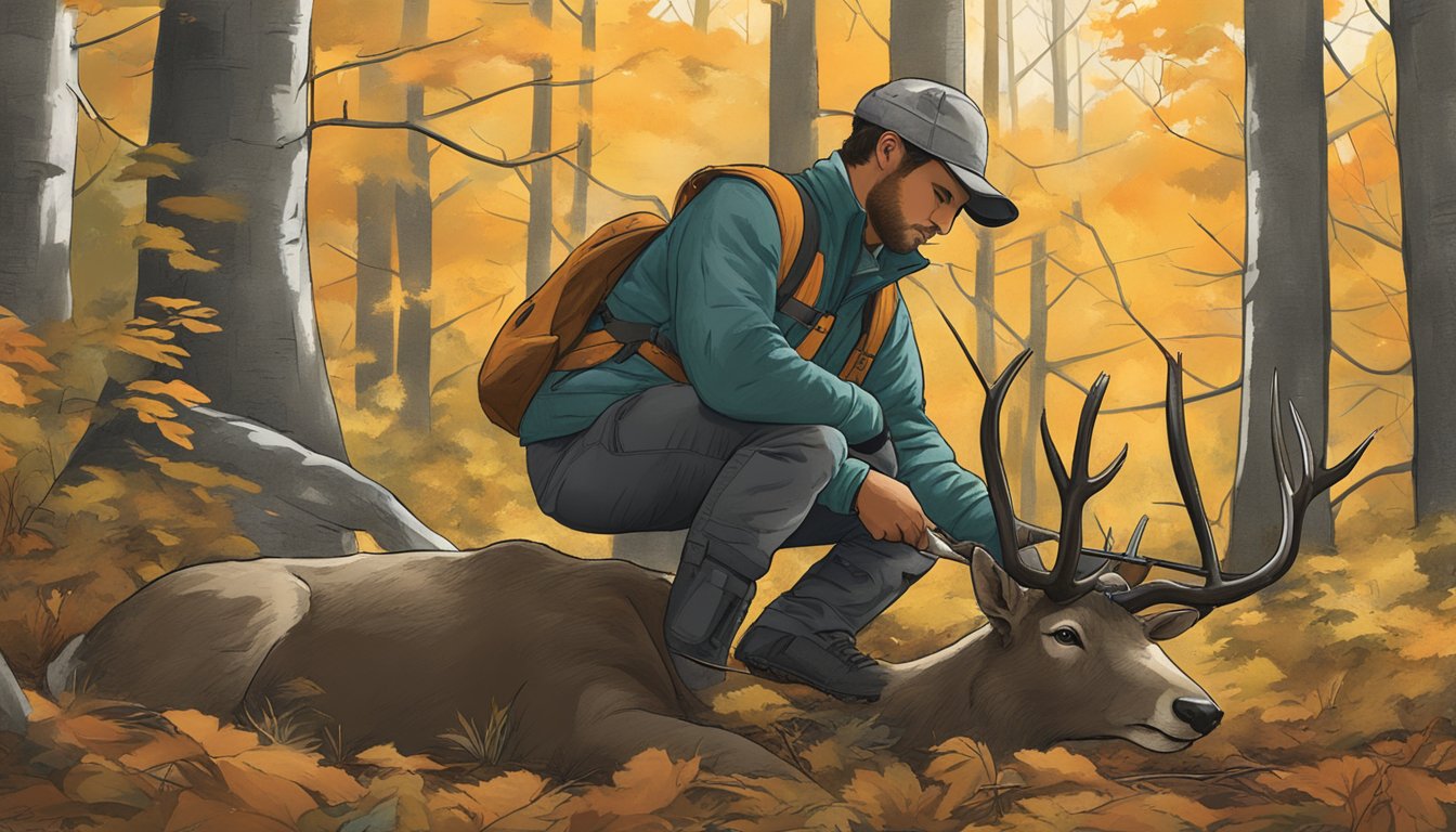 A hunter in a forest, tagging and reporting a harvested animal, with a Massachusetts non-resident hunting license displayed