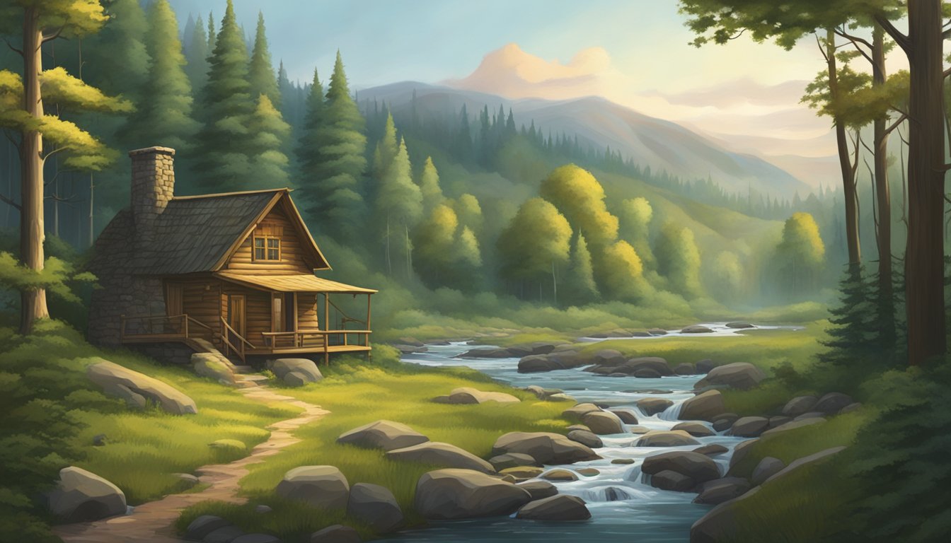 A dense forest with a winding stream, surrounded by rolling hills and rocky outcroppings. A hunter's cabin sits nestled among the trees