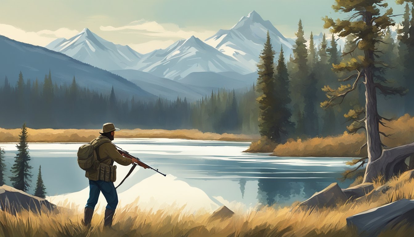 A hunter standing in a vast Montana wilderness, aiming a rifle at a distant target. Surrounding landscape includes mountains, forests, and a flowing river