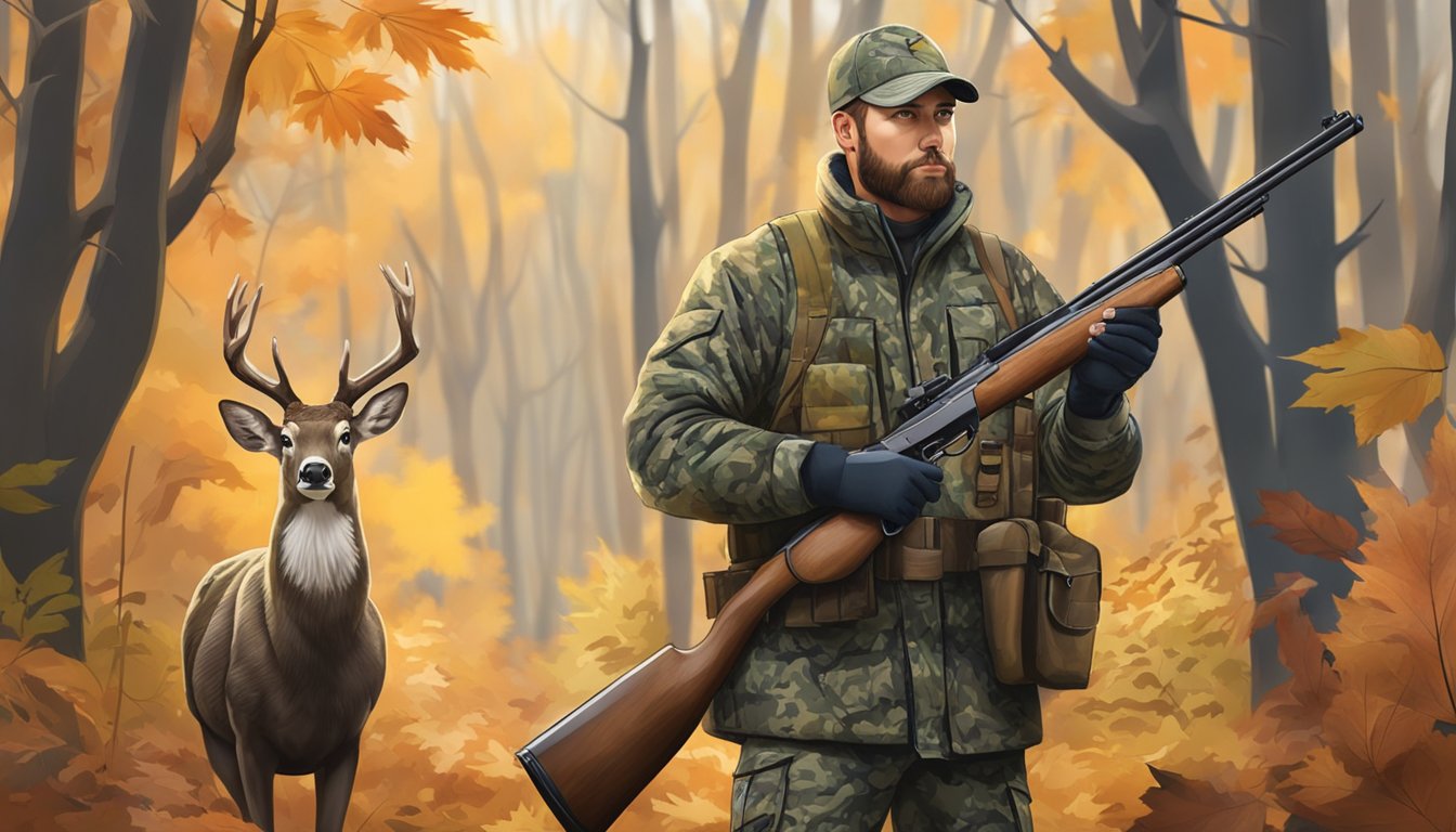 A hunter in camouflage with a shotgun in a wooded area during the fall season, with a deer or turkey in the background