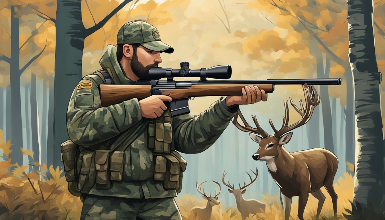 A hunter in camouflage holding a rifle, standing in a wooded area with a deer in the background