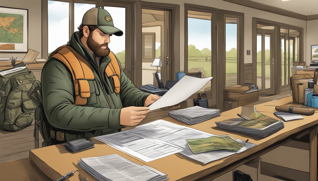 A hunter filling out a licensing form at a Mississippi wildlife office, surrounded by hunting gear and informational brochures