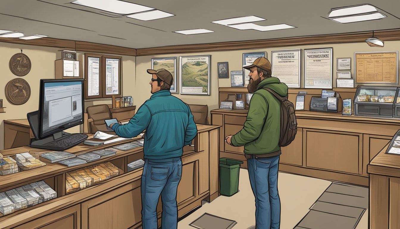 A hunter purchasing a Montana nonresident hunting license at a wildlife agency counter