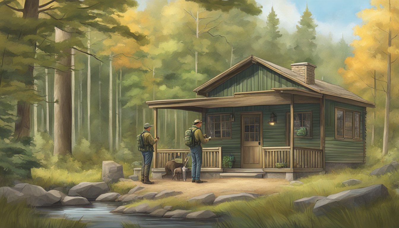 A tranquil woodland scene with a hunter purchasing a Michigan Non Resident Hunting License from a ranger station