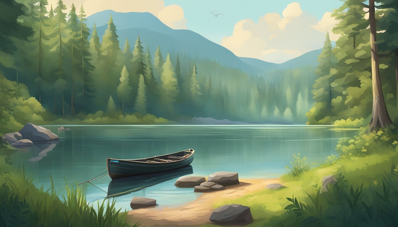 A serene lake surrounded by lush forests, with a fishing boat and hunting gear laid out on the shore