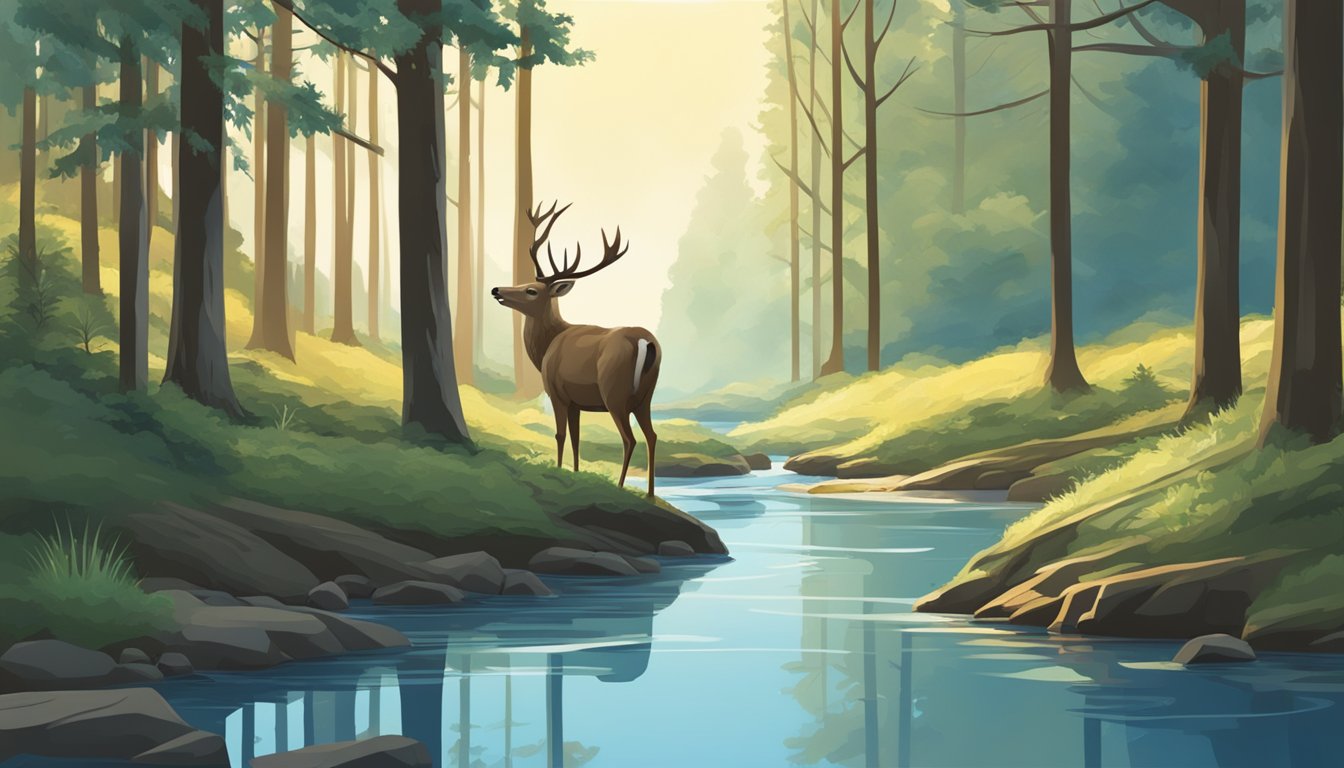 A serene forest clearing with a deer drinking from a stream, surrounded by tall trees and a clear blue sky above