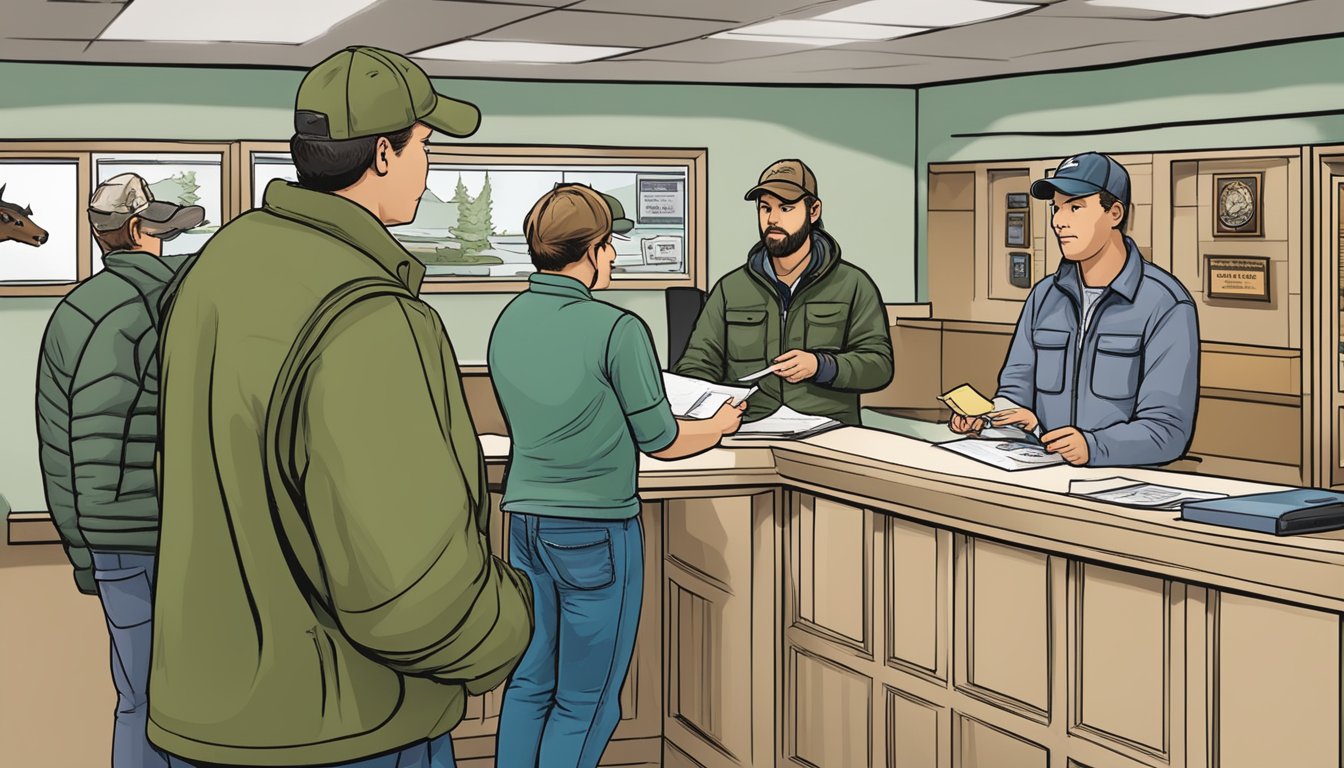 A hunter purchasing a Missouri nonresident hunting license at a wildlife office counter