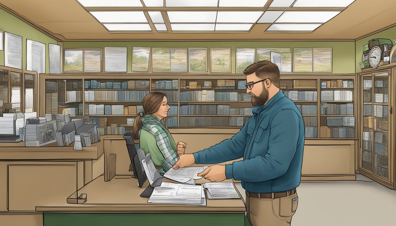 A hunter purchasing a non-resident hunting license at a New Hampshire wildlife office