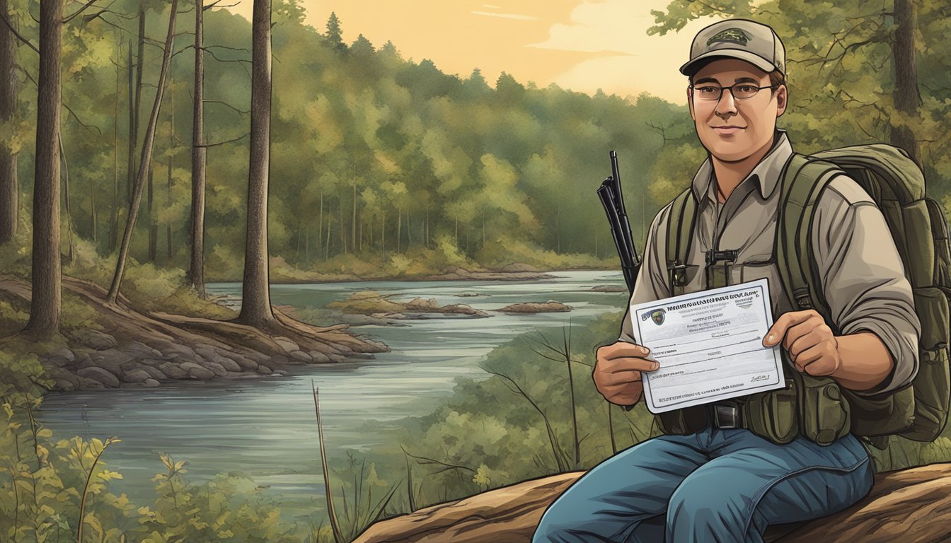 A hunter holding a Missouri Non Resident Hunting License in a forested area with wildlife in the background