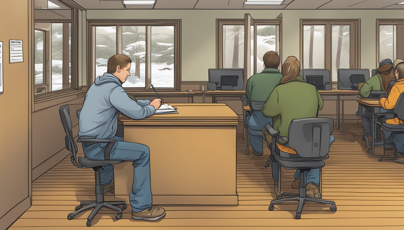 A person filling out a form at a New Hampshire hunting license office